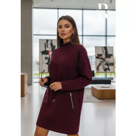 Rensix ruha kereknyakú hosszúujjú garbós derékban kötős cipzáros zsebes padlizsán 2025