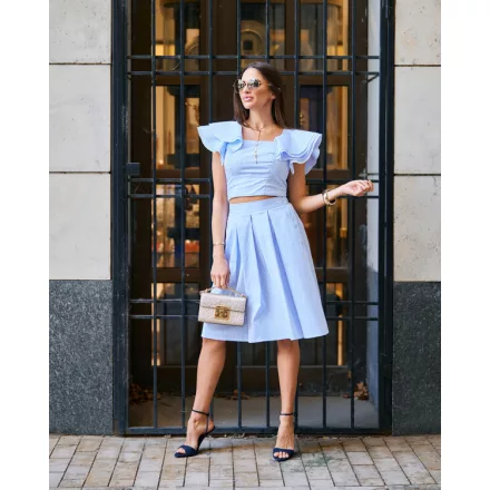 Envy szett A vonalú szoknya+fodros vállú crop top kék/fehér csíkos