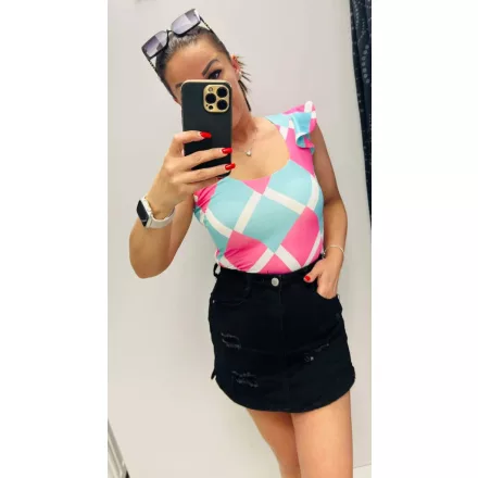 Envy body kereknyakú fodros vállú ujjatlan rózsa-türkiz kocka mintás