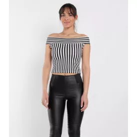 Envy crop top fekete/fehér csíkos vállra lehúzós 