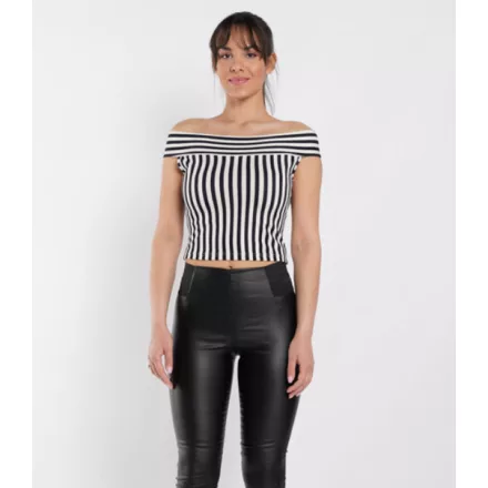 Envy crop top fekete/fehér csíkos vállra lehúzós 