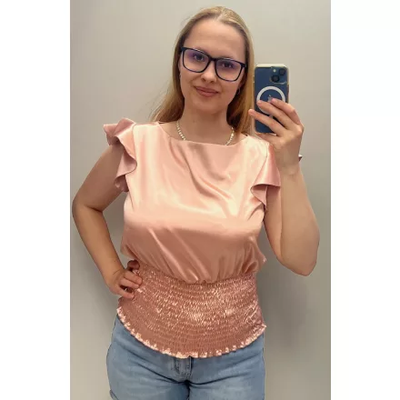 Envy póló szatén fodros ujjú húzott derekú púder