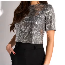 Envy Rövid ujjú kerek nyakú flitteres crop top ezüst