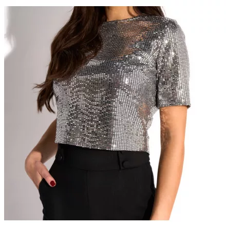 Envy Rövid ujjú kerek nyakú flitteres crop top ezüst