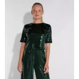 Envy Rövid ujjú kerek nyakú flitteres crop top zöld