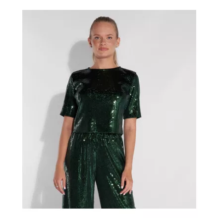 Envy Rövid ujjú kerek nyakú flitteres crop top zöld