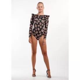 Envy body Csónak nyakú fodros vállú barna leveles