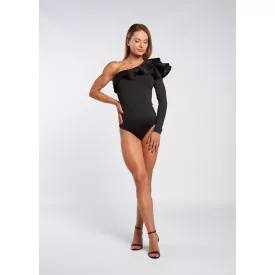 Envy body Félvállas hosszú ujjú neoprén fodorral fekete