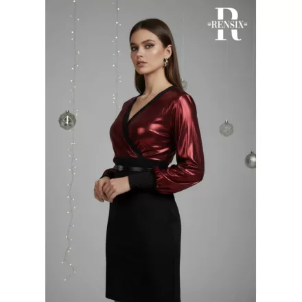 Rensix Ruha Átlapolt nyakú hosszúujjú öves szaténfényű piros/fekete 2025