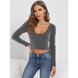   Envy felső kereknyakú hosszúujjú rövid fazonú lurex ezüst