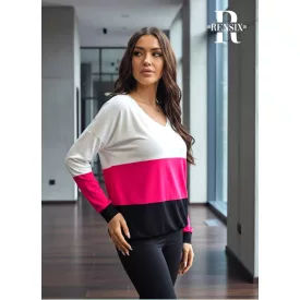   Rensix felső V nyakú hosszúujjú gumis aljú fehér/pink/fekete 2026