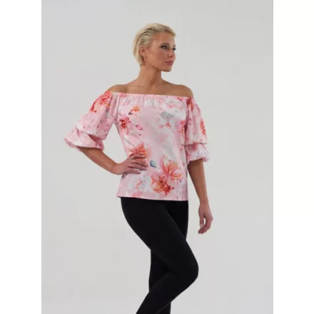 Envy felső csónaknyakú húzott ujjú púder/pink virágos