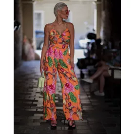   Envy szett crop top bőszárú nadrággal narancssárga mintás