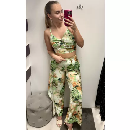 Envy szett crop top bőszárú nadrággal zöld leveles