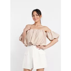 Envy crop top Ejtett vállú, gumis ujjú bézs